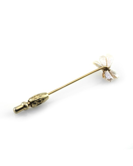 Antique Pearl & Diamond Flower Stick Pin in 10K Yellow Gold